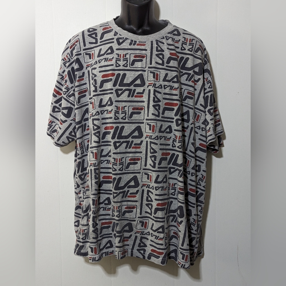 AOP Men's Fila Gray Logo T-Shirt Spell Out Streetwear Casual Big Size 2XL